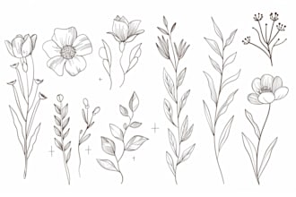 do botanical line art illustration and hand drawn floral vector