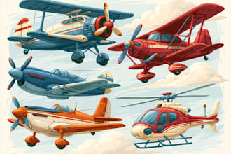 draw aircraft, airplane, helicopter into a vector cartoon