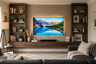 design 3d interior for modern TV wall, home theater, media wall with fire place