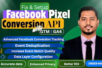 fix and set up facebook pixel, meta pixel, ga4 and GTM tracking