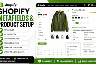 set up shopify metafields, product variants, filters and color swatches