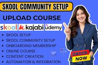 setup skool online community, course upload, udemy, kajabi and thinkific
