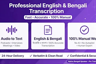 do audio to text and voice transcription in english and bangali