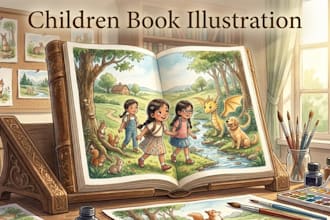 draw children book illustration, picture book, kids storybook art in watercolor