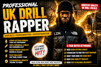 record male UK drill rap vocals, rap verse, ghostwriter and songwriter