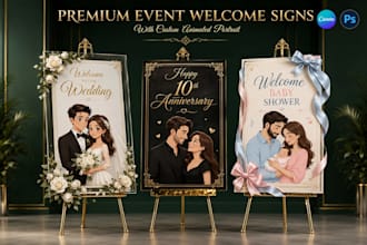 design luxury wedding, anniversary or baby welcome sign with animated portrait