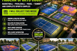 design sport field, basketball court, pickleball court, padel court,tennis court