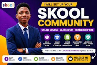 set up skool community, online course, skool classroom and membership site