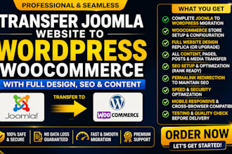 transfer joomla website to wordpress woocommerce with full design SEO content