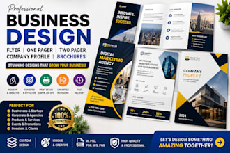 design business flyer, one pager, two pager, company profile, and brochures