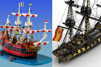 design custom lego ship moc model with studio file XML partlist and instructions