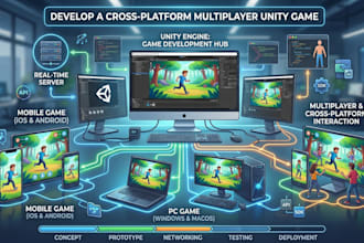 develop a unity game, mobile game, PC game, multiplayer, cross platform game