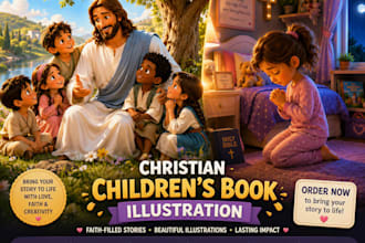 do christian childrens book illustration, bible story, picture book cover