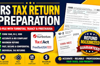 prepare e file irs tax returns using turbotax, taxact, freetaxusa for individual