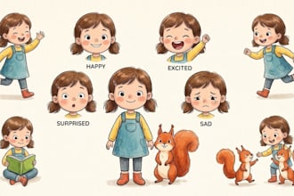design adorable childrens book characters with consistent poses