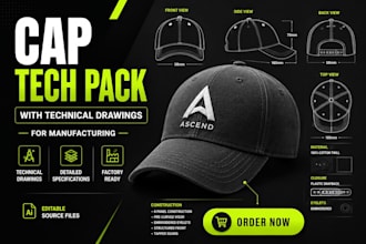 create cap tech pack with technical drawings for manufacturing