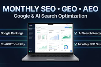 do monthly SEO, GEO, aeo, llmo, ai rankings, off page, backlick building website
