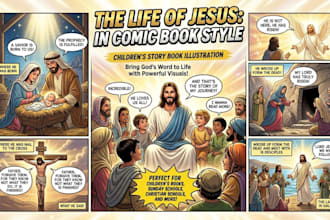 illustrate bible themed, christian bible illustration, comic children story book