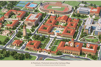 design custom university campus map, school college wayfinding illustrated map