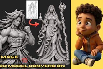 convert 2d to 3d character model, character design, miniatures for 3d printing