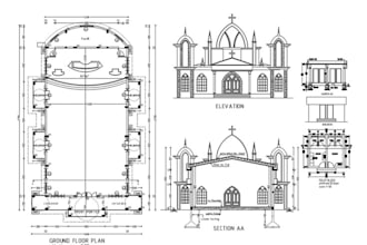 design church floor plan, architectural drawing, site plan and elevation