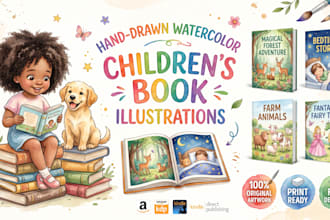 create hand drawn watercolor children book illustrations and book cover