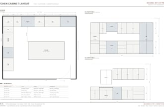 design a buildable kitchen cabinet layout with elevations and specs