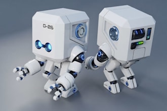 3d stylized robot design, game ready robot, android character design, helper bot