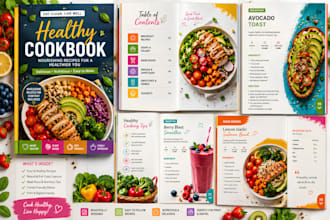 write, format and design healthy cookbook layout, menu plan, recipe book design