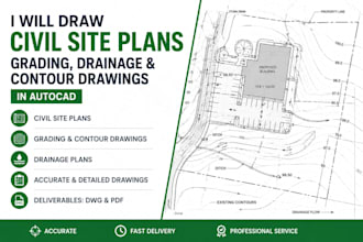 draw civil site plan, site grading plan, drainage, contour drawings in autocad