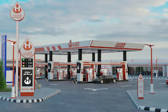 modern 3d fuel station, commercial space, supermarket,tire storage,canopy design