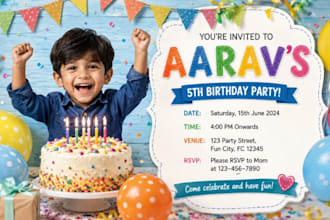 design kids birthday invitation, party invitation and birthday card