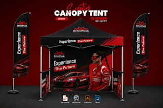 design canopy tent, feather flag and backdrop banner