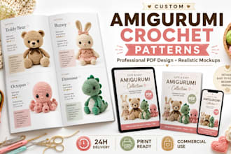 create custom amigurumi crochet patterns with PDF and realistic mockups