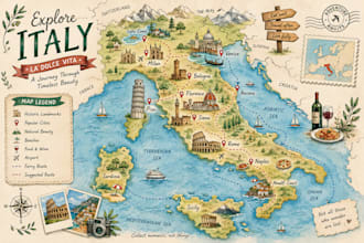 create unique travel destination maps and illustrations