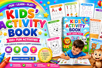 design kids activity book, children worksheet, workbook, puzzle KDP book cover