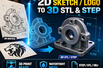 convert 2d sketch, ai svg, logo, drawing  png to stl, step file for 3d printing