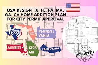 usa design tx, fl, pa, ma, ga, ca home addition plan for city permit approval