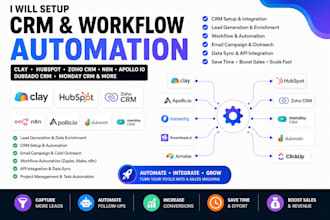 setup clay com, hubspot, zoho crm, n8n, apollo io, dubsado crm and monday crm