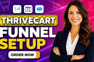 setup thrivecart funnel, clickfunnels, samcart landing page and sales funnel