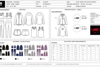 create factory ready gym wear, activewear and sportswear tech pack design
