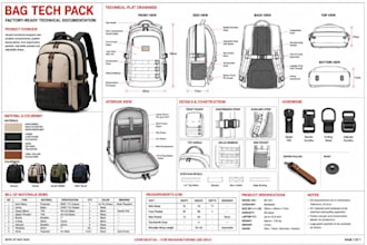 create factory ready handbag and bag tech pack with technical drawing, bom, spec