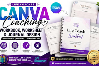 design canva coaching workbook, worksheet and journal for life coaches