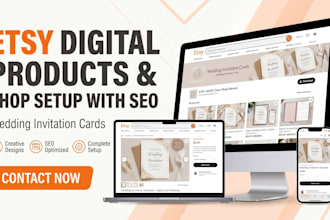 design etsy digital products, wedding invitation card, setup etsy shop with seo