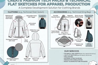 fashion tech packs technical flat sketch for clothing brand apparel production