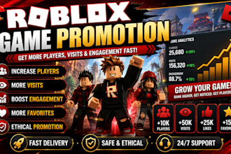 promote your roblox game to increse roblox players, visits and engagement fast