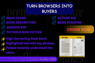 create a bestselling book blurb, book description and author bio