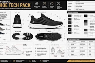 create professional shoe tech packs with technical flat sketches