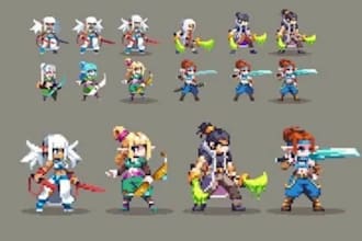 create pixel art character, 2d sprite sheet, game sprite and pixel animation