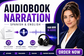 convert book manuscript to ai audiobook narration spanish or english